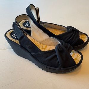 Fly London black leather wedge sandals size 38